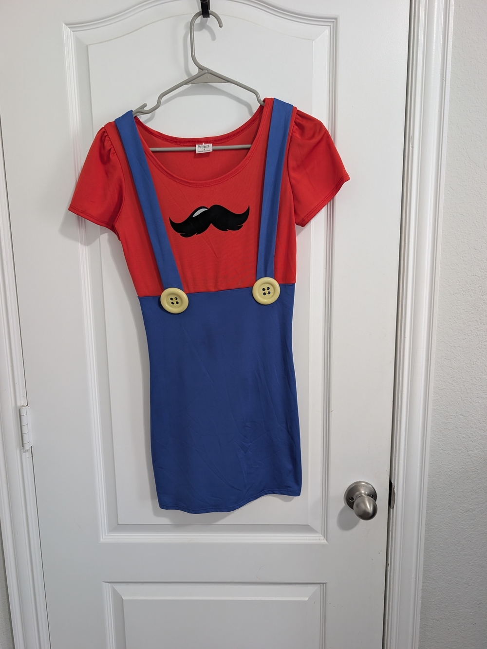 Red and Blue Suspender Dress with Black Mustache Accent Adult Size S